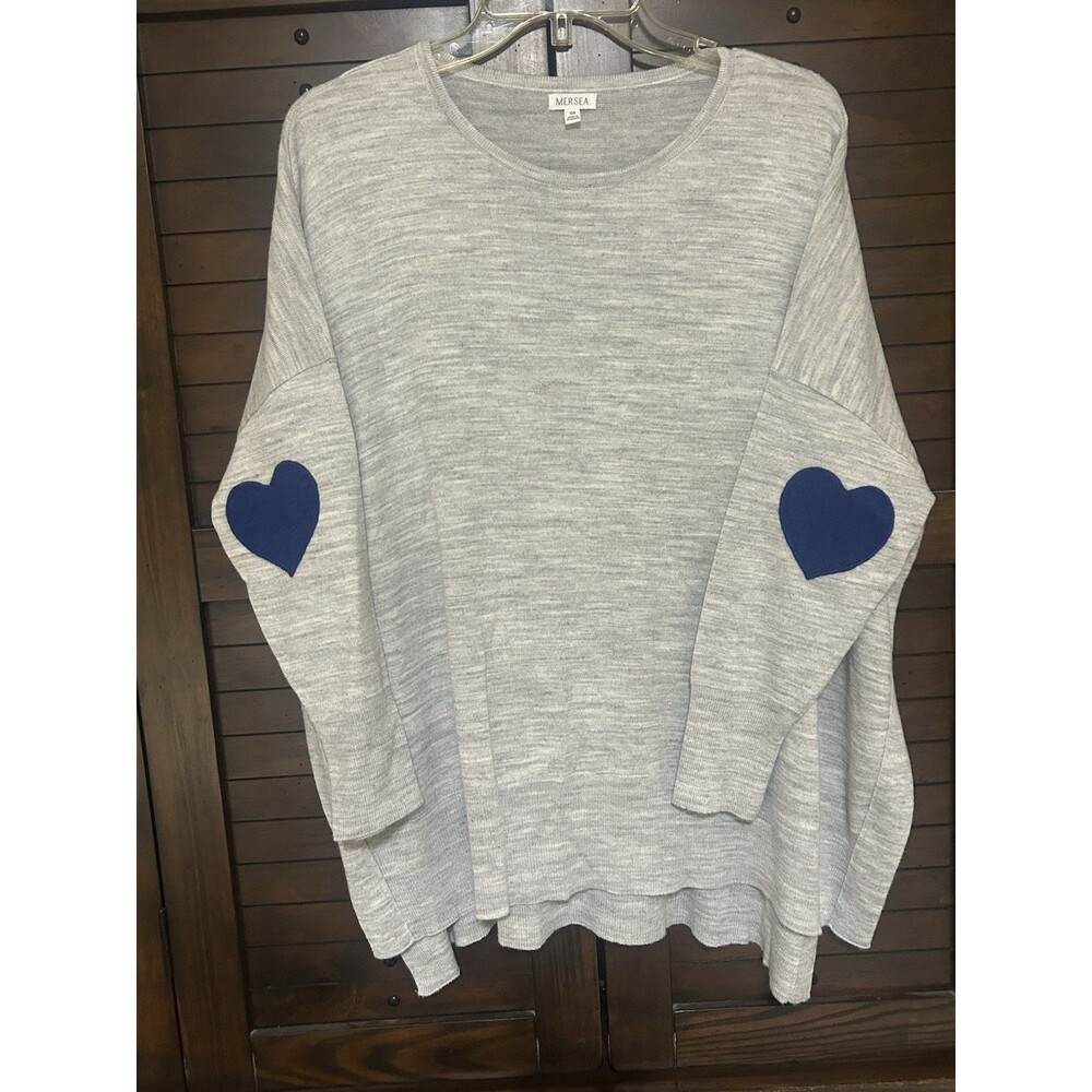 Mersea Amour Sweater Womens One Size Gray Navy Heart Elbow Patch Top Knit Slit